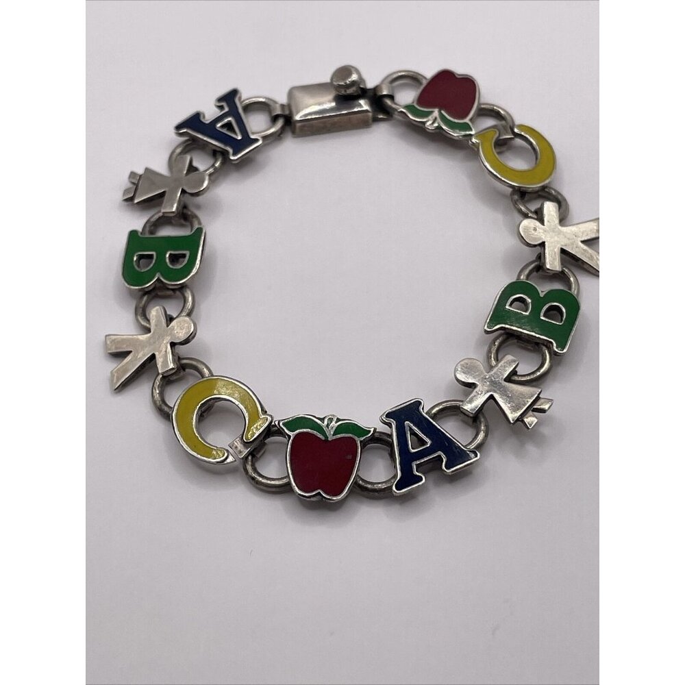 Mexico 925 Silver Enamel ABC‎ Teacher Children Kids Chain Bracelet Vintage A277